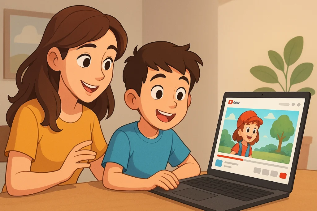 مادر و فرزند خردسالش در حال دیدن محتوا ویدیویی در یوتیوب